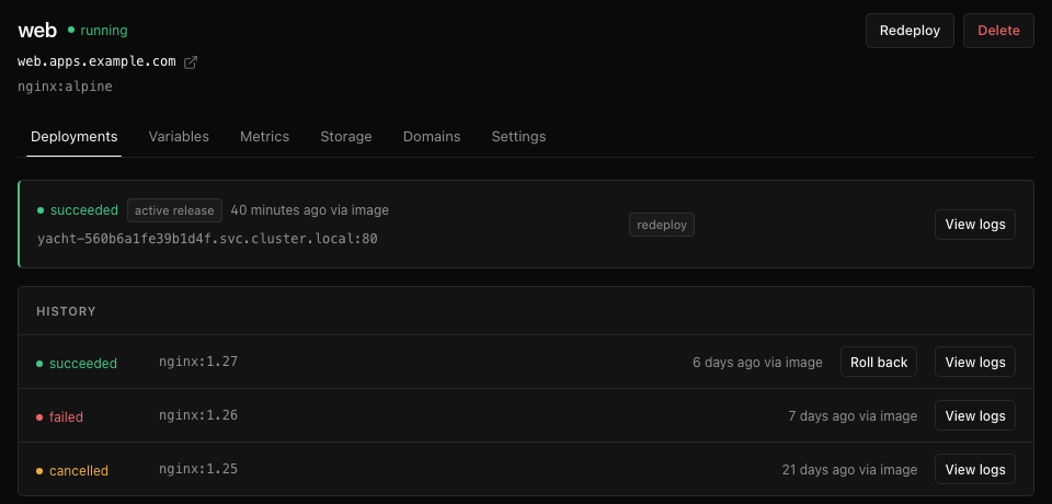 An app's deployments: the active release, then earlier releases with a Roll back button beside each.